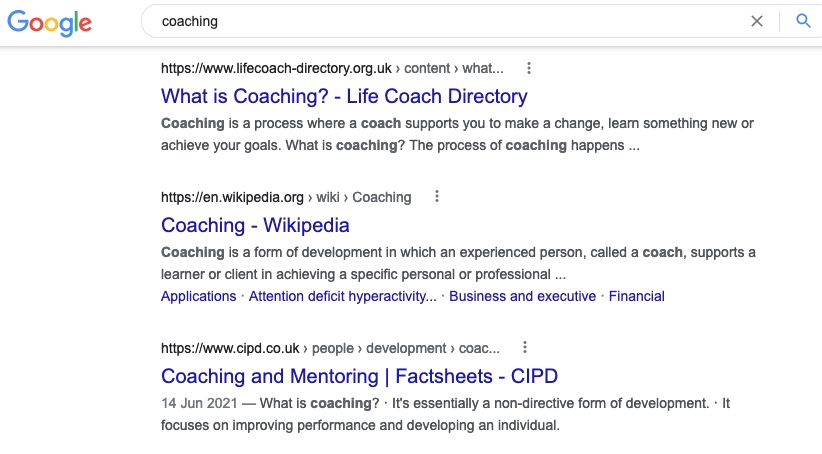 Google the word coaching to analyse search intent