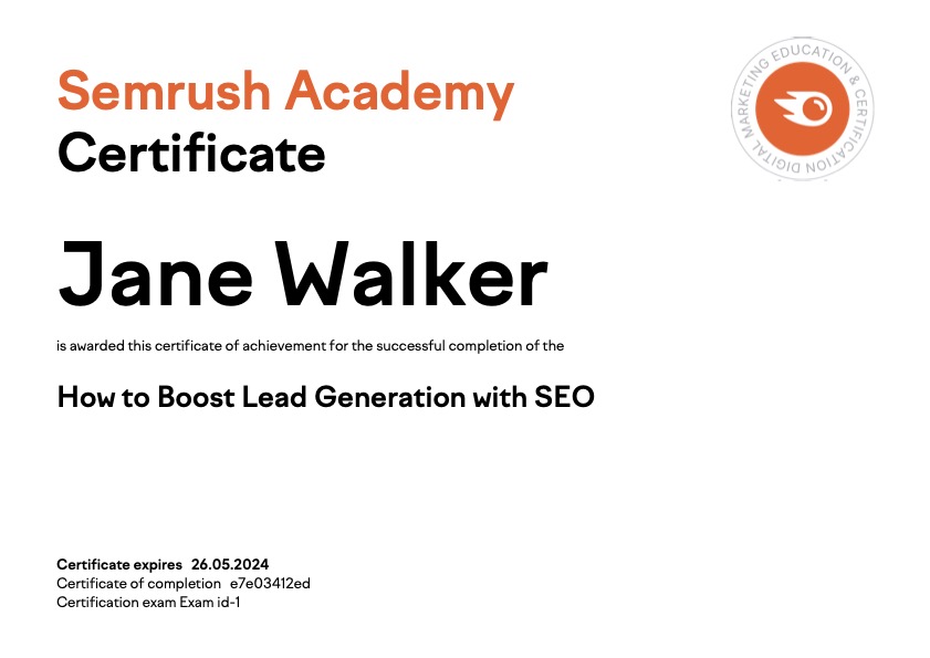 Semrush Academy certificate - How to boost lead generation with SEO
